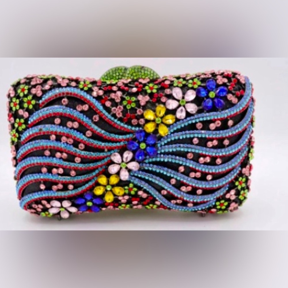 Natasha Evelyn Multi Rhinestone Clutch w Floral Design Green Leaf Clasp